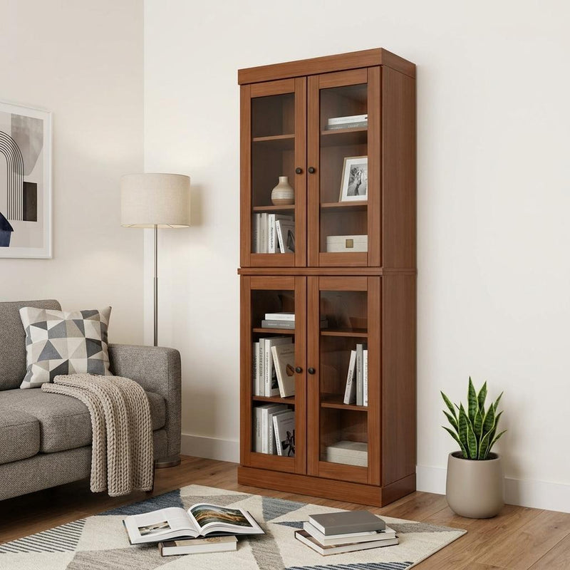 Solid Wood Adjustable Six Tier Library Bookcase With Four Doors (745689) - Coffee