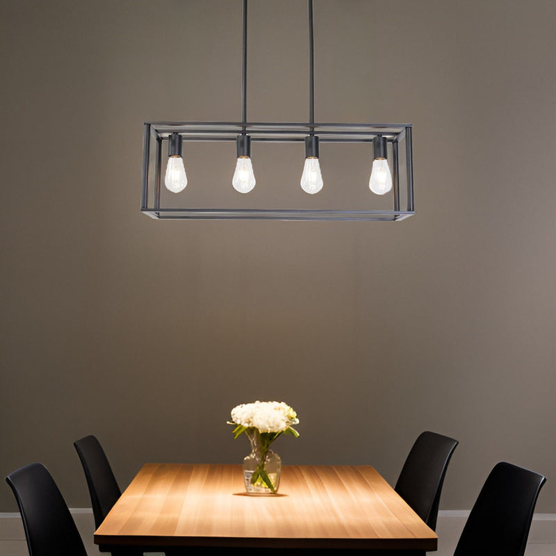 Metal Four Light Caged Rectangular Hanging Pendent Light - Black