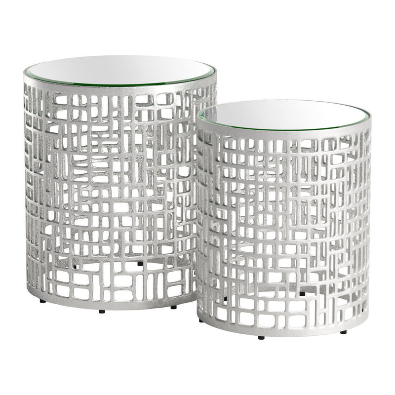 Mirrored Glass Aluminum Round Pedestal End Table - Silver