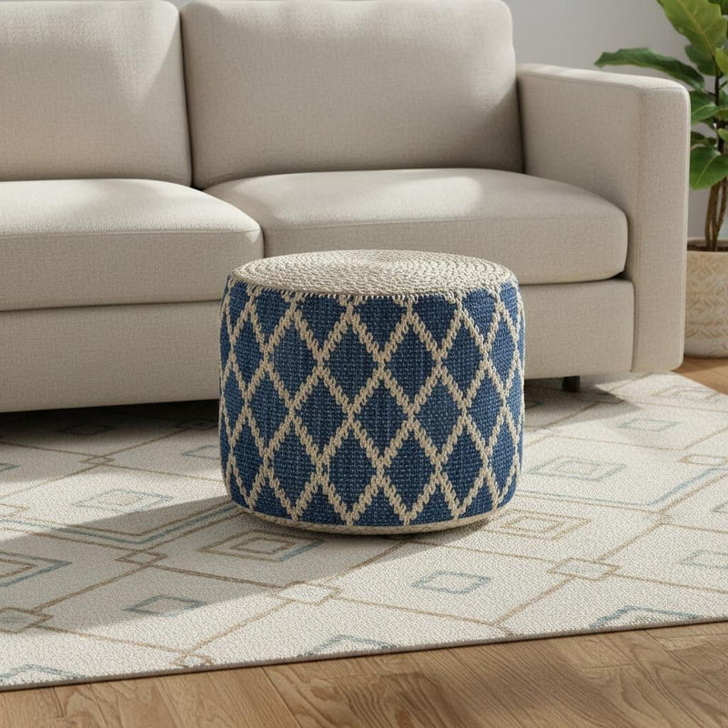 18" Jute Round Pouf Ottoman - Blue