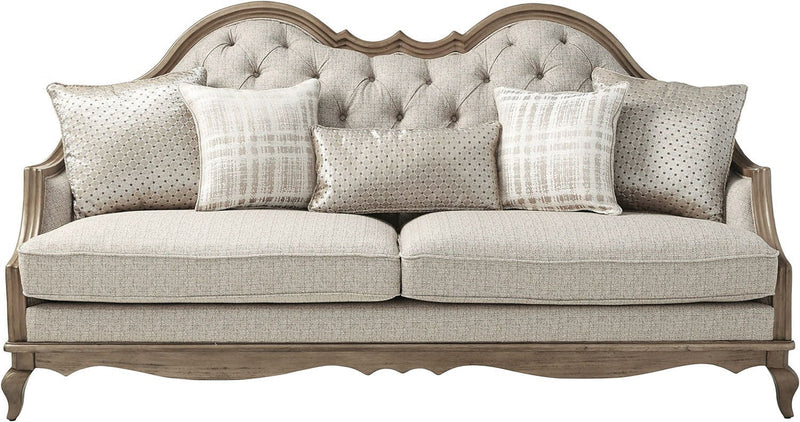 Upholstered Solid Wood Sofa With Toss Pillows - Brown / Beige