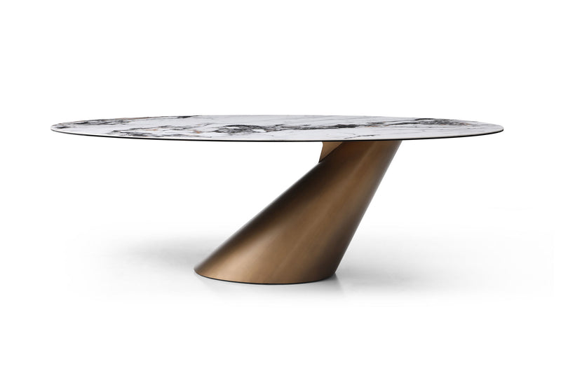 Ceramic Steel Pedestal Base Oval Dining Table - Gold / Gray / White