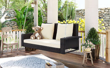 Load image into Gallery viewer, GO 2-Person Wicker Hanging Porch Swing with Chains, Cushion, Pillow, Rattan Swing Bench for Garden, Backyard, Pond. (Brown Wicker, Beige Cushion)
