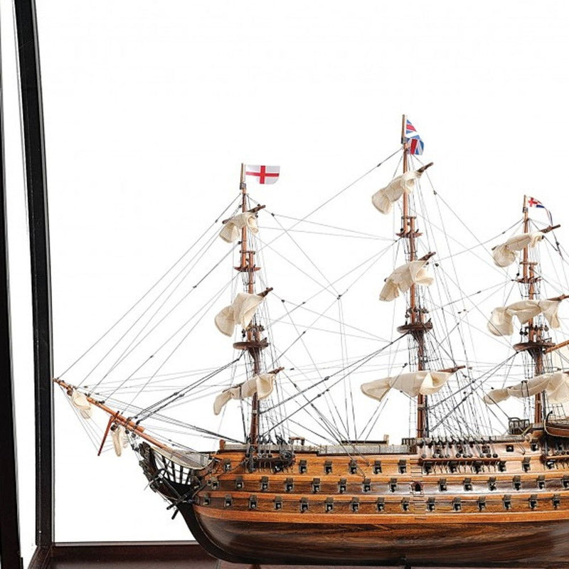Hand Painted HMS Victory Medium Display Case Model Boat - Brown