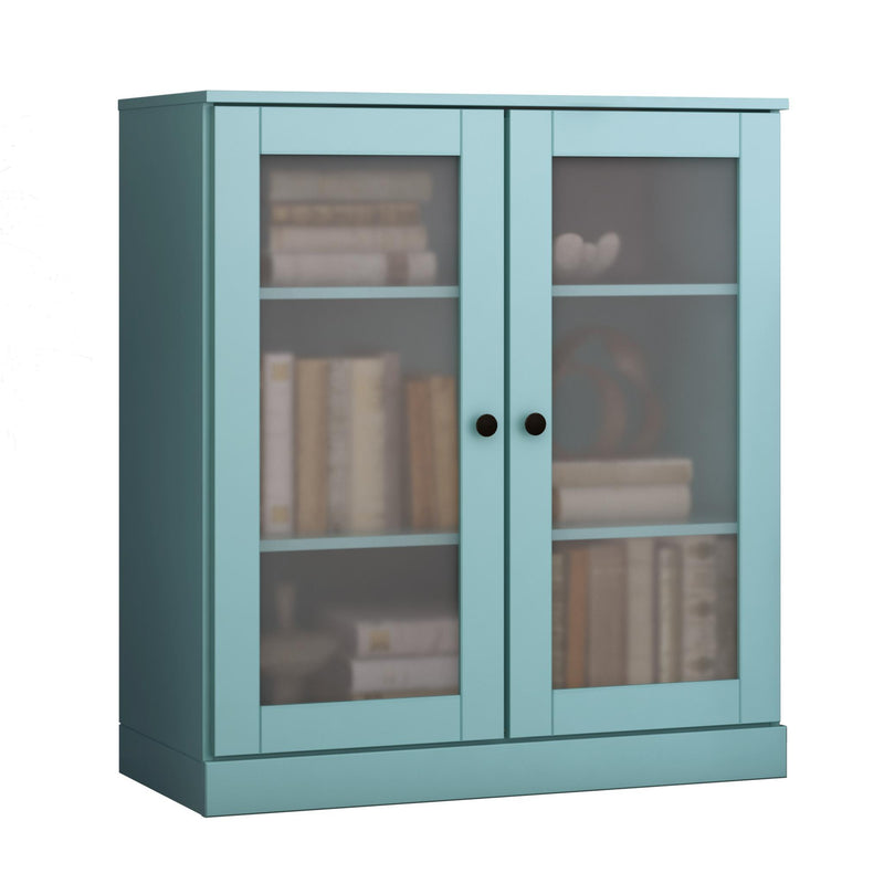 Solid Wood Adjustable Three Tier Library Bookcase With Two Doors - Aqua