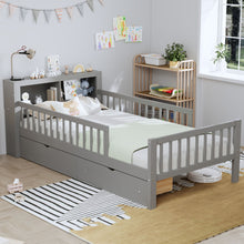 Load image into Gallery viewer, Bed With Headboard Storage Rack, 2 Under Bed Drawers, 3 Side Guardrails For Safety
