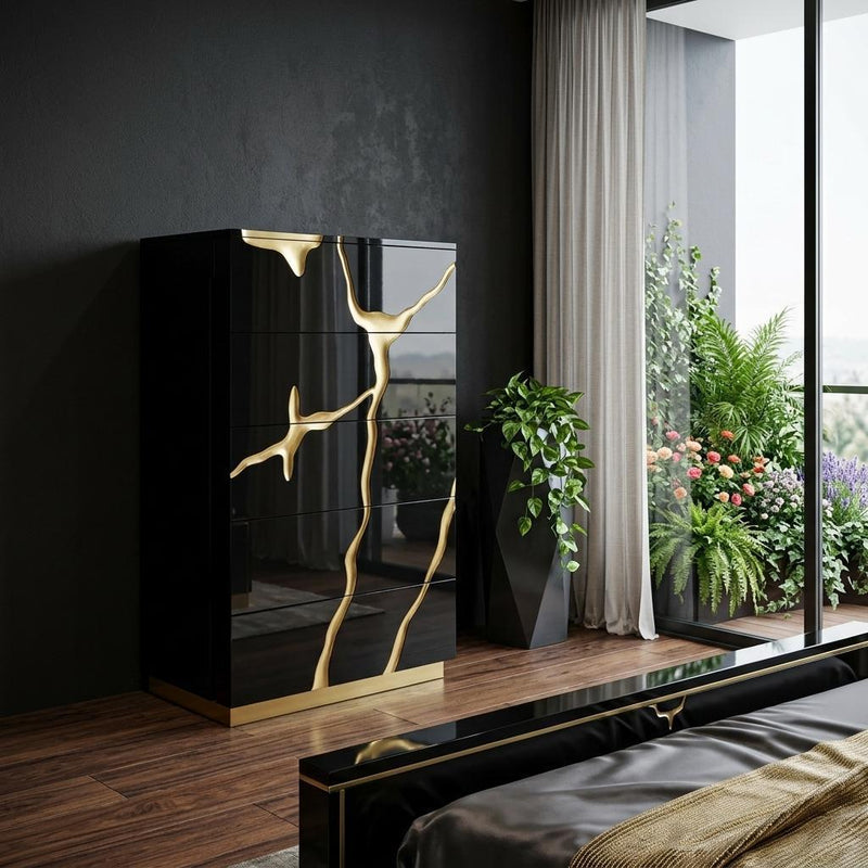 Carved Abstract Wood Five Drawer Dresser - Black And Gold