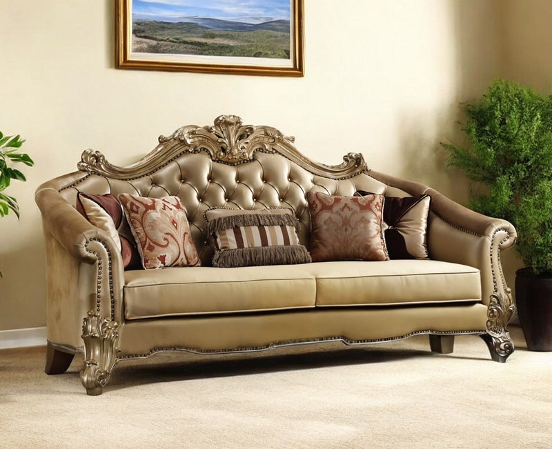 Faux Leather And Gold Sofa With Five Toss Pillows - Bone