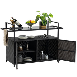 Outdoor Wicker Bar Cart, Patio Wine Serving Cart w/Wheels, Rolling Rattan Beverage Bar Counter Table w/Glass Top for Porch Backyard Garden Poolside Party, Black