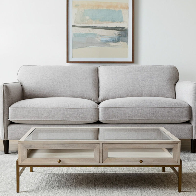 44" Clear Solid Wood Glass And Iron Storage Coffee Table - Gold And Off White