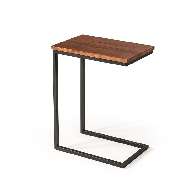 Modern Rustic Aged Oak Wood And Metal C Shape Snack Table - Brown