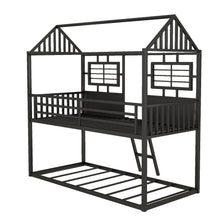 Load image into Gallery viewer, Twin over Twin Size Metal Low Bunk Beds with Roof and Fence-shaped Guardrail, Black
