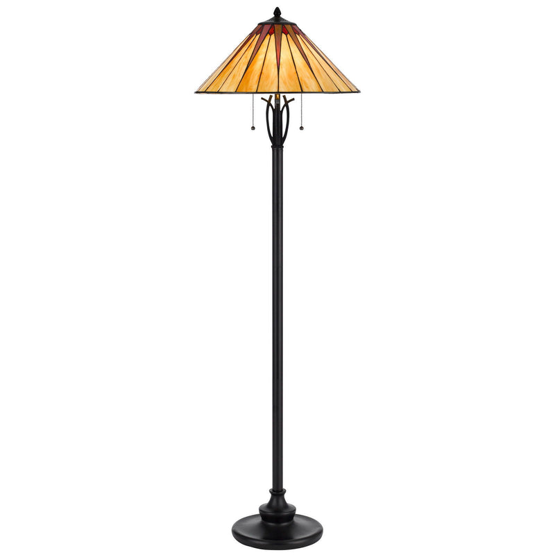 Two Light Traditional Shaped Floor Lamp With Red And Ivory Abstract Tiffany Glass Empire Shade - Bronze