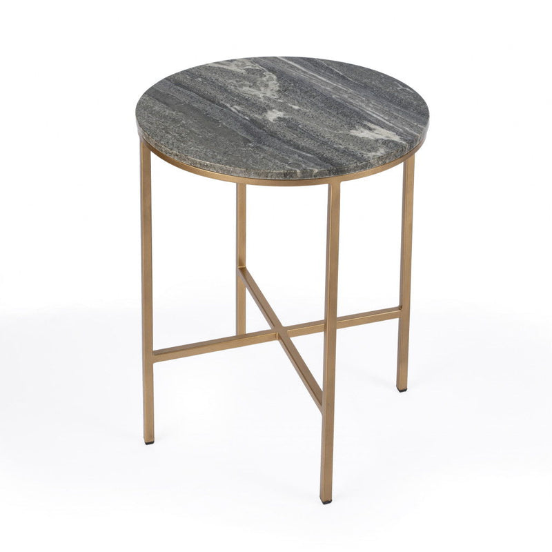 Marble Round End Table - Brass And Gray