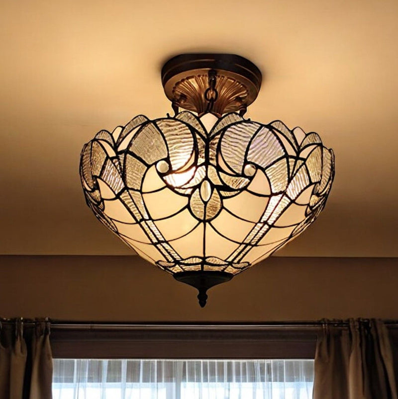 Two Light Tiffany Style Semi Flush Dimmable Ceiling Light - Yellow / Brown