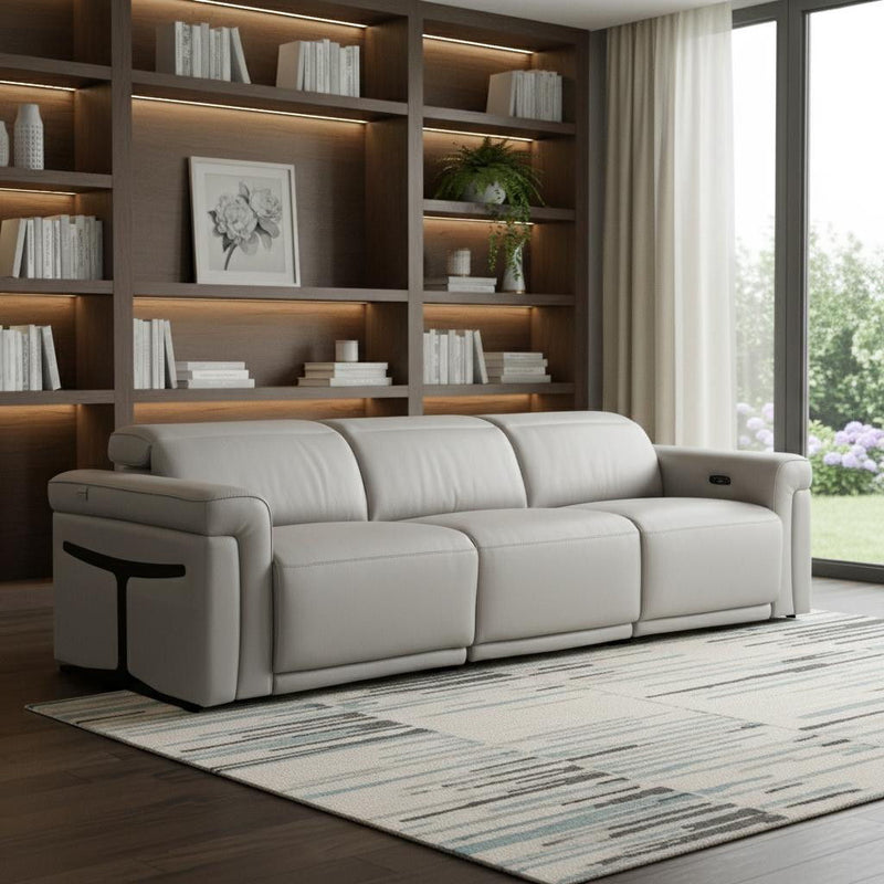 Top Grain Leather Reclining Metal USB Sofa (720431) - Light Gray