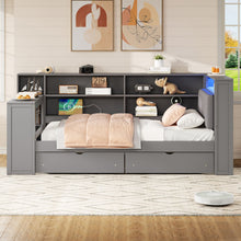 Load image into Gallery viewer, Platform Bed With Upholstered Headboard, Storage Shelves, Drawers, Charging Station, LED Lighting, Built In Desk
