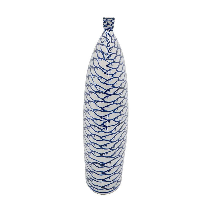 Fish Print Oval Table Vase - Blue / White