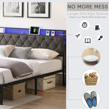 Load image into Gallery viewer, King Bed Frame with Storage Headboard, Charging Station and LED Lights, Upholstered Platform Bed with Heavy Metal Slats, No Box Spring Needed, Noise Free, Easy Assembly, Dark Gray
