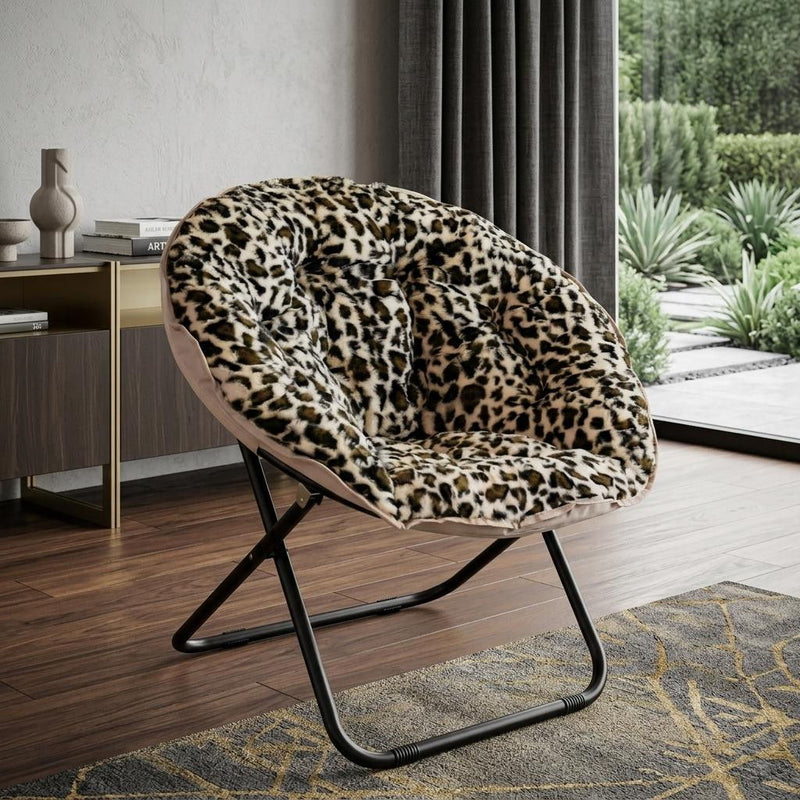 Tufted Faux Fur Leopard Folding Lounge Chair - Beige / Brown