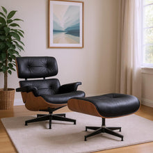 Load image into Gallery viewer, 28" Tufted Genuine Leather Lounge Chair With Ottoman - Black / Light
