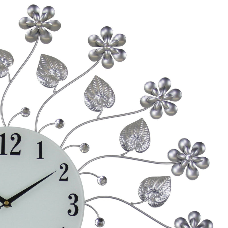 Silent Analog Floral Round Wall Clock - Silver / Silver / White