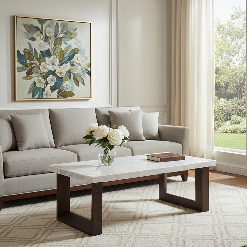 Genuine Marble Wood Sled Coffee Table - White / Espresso