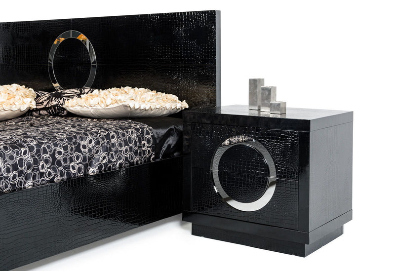Lacquer Faux Crocodile 2 Drawer Nightstand - Croc Black