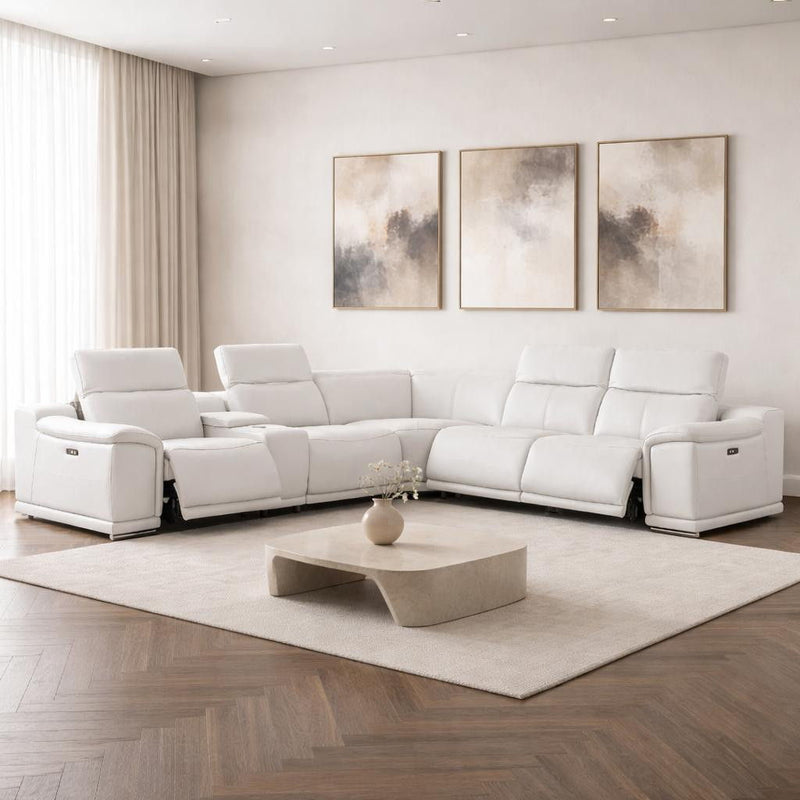 Leather Modular L Shaped Six Piece Corner Sectional With Console - White