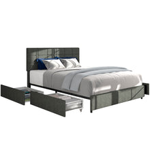 Load image into Gallery viewer, Vera Full Size Gray Linen Upholstered Platform Bed with Patented 4 Drawers Storage, Square Stitched Button Tufted Headboard, Wooden Slat Mattress Support No Box Spring Required
