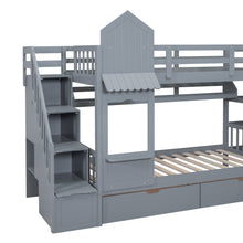 Load image into Gallery viewer, Twin-Over-Twin Castle Style Bunk Bed with 2 Drawers 3 Shelves and Slide - Gray
