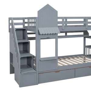 Twin-Over-Twin Castle Style Bunk Bed with 2 Drawers 3 Shelves and Slide - Gray