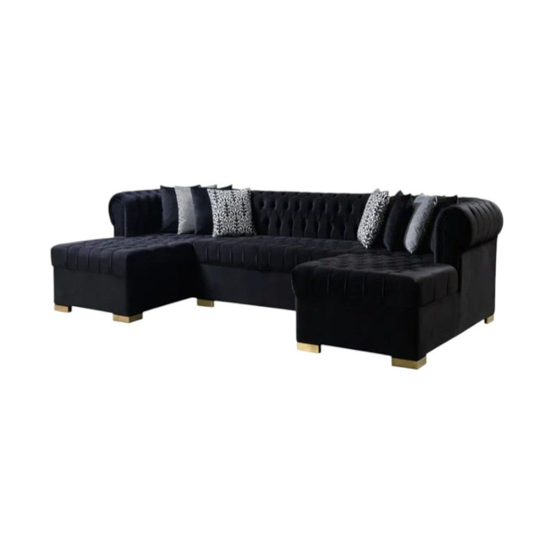 Velvet U Shaped Three Piece Sofa Chaise Sectional With Toss Pillows - Black
