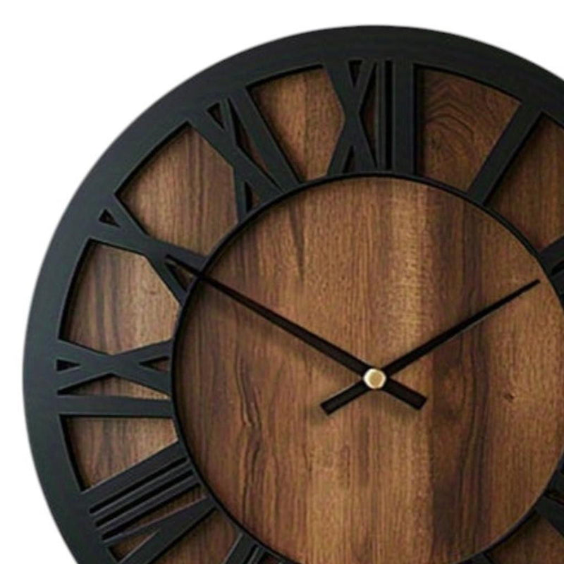 Silent Analog Round Wall Clock - Black / Brown