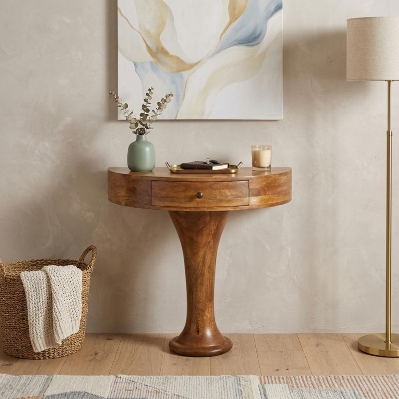 Half Circle Pedestal Console Table With Drawer - Amber