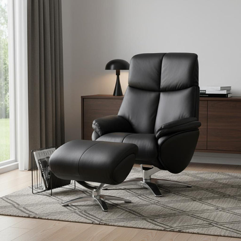 Tufted Genuine Leather Manual Swivel Recliner With Ottoman (730571) - Black