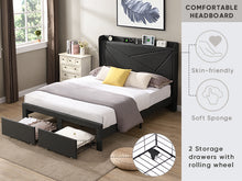 Load image into Gallery viewer, Queen Size Bed Frame with 2 Storage Drawers, Upholstered Bed Frame with Wingback Headboard Storage Shelf Built-in USB Charging Stations and Strong Wood Slats Support, No Box Spring Needed, Dark Gray
