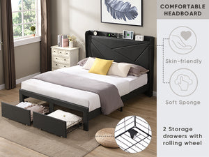 Queen Size Bed Frame with 2 Storage Drawers, Upholstered Bed Frame with Wingback Headboard Storage Shelf Built-in USB Charging Stations and Strong Wood Slats Support, No Box Spring Needed, Dark Gray