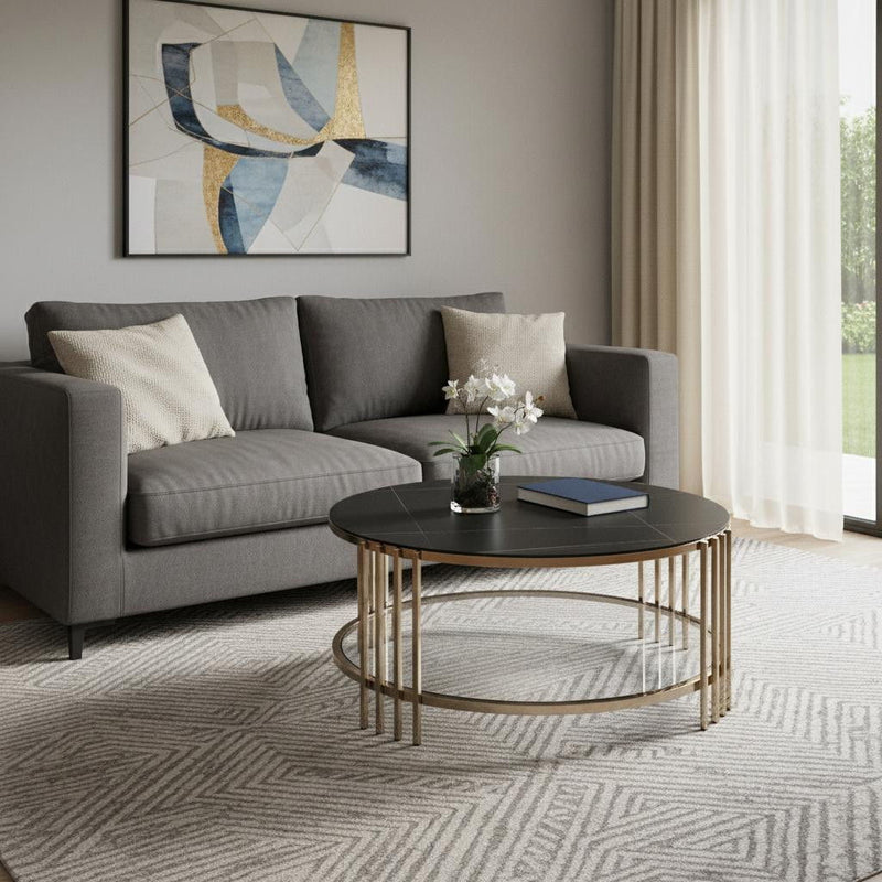 Sintered Stone Steel Round Coffee Table - Black / Champagne