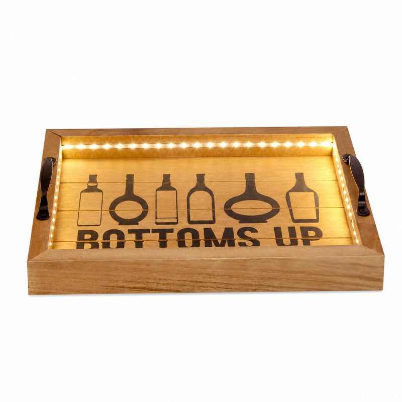 Wood Bottoms Up Wine Serving Tray With Handles And Led Lights - Natural And Black