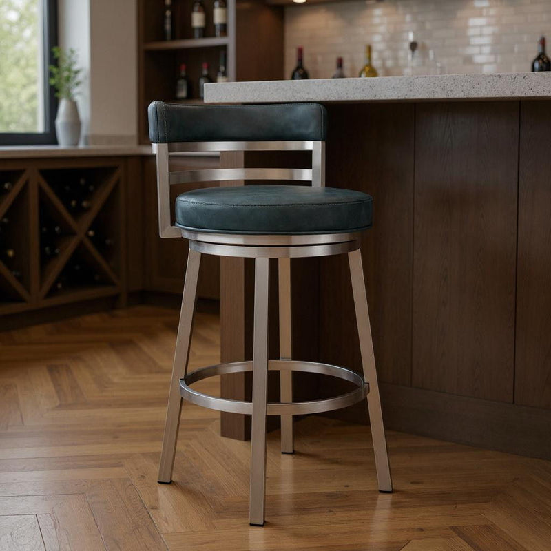 Faux Leather Swivel Low Back Bar Height Bar Chair - Blue / Silver