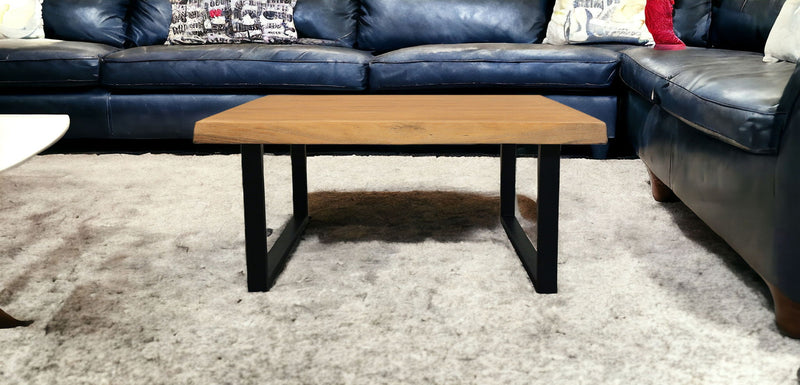 39" Solid Wood And Iron Square Distressed Coffee Table - Natural And Black