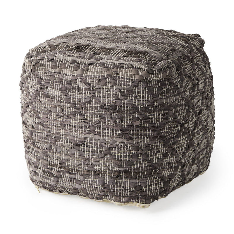 Cotton Leather Geometric Cube Pouf Ottoman - Brown / Gray