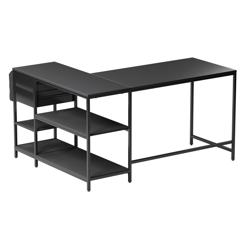 Stainless L Shape Computer Desk With Two Drawers - Black