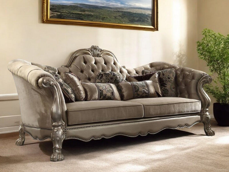 Velvet Sofa And Toss Pillows With Gold Legs - Bone