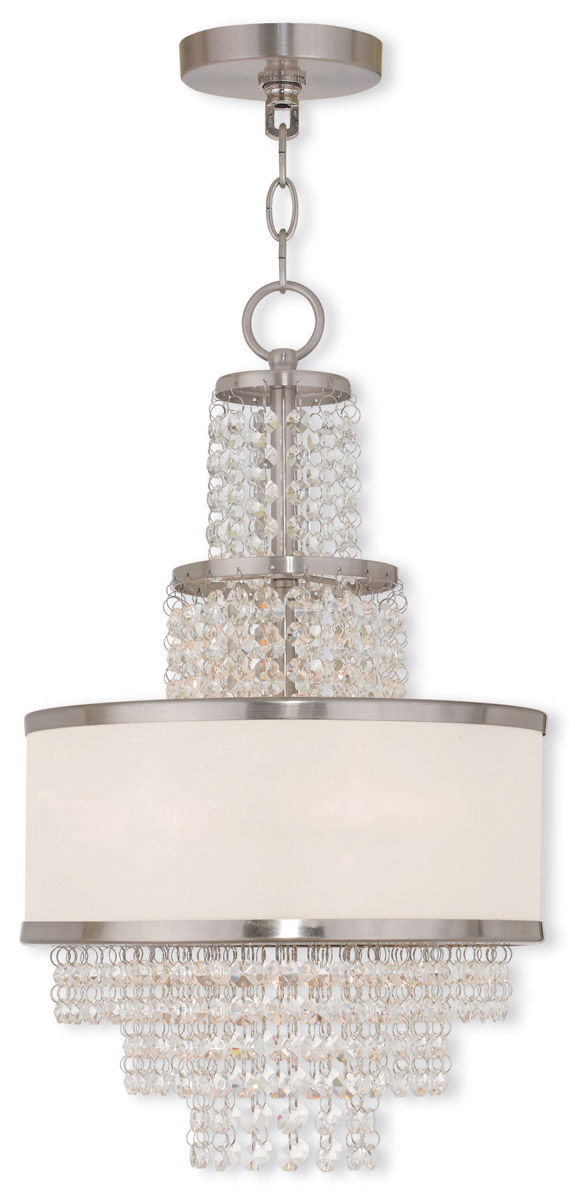 20" Three Light Metal Dimmable Chandelier With Shades - Nickel / Clear / Off White