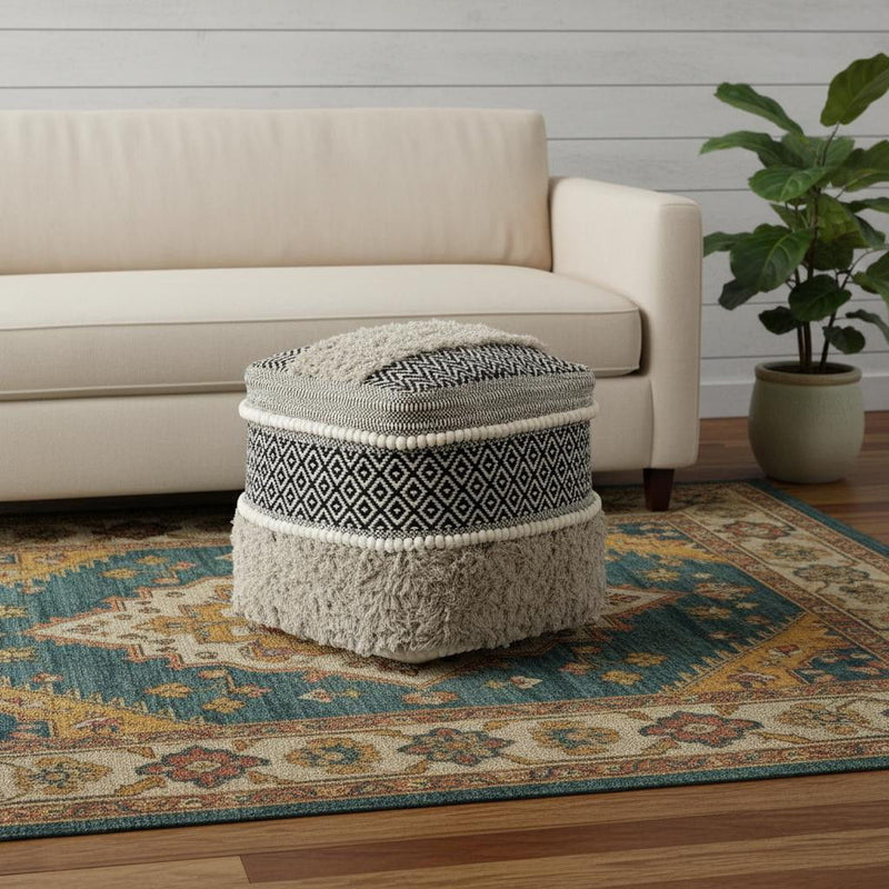 Cotton Geometric Pouf Ottoman - Black / Gray / White