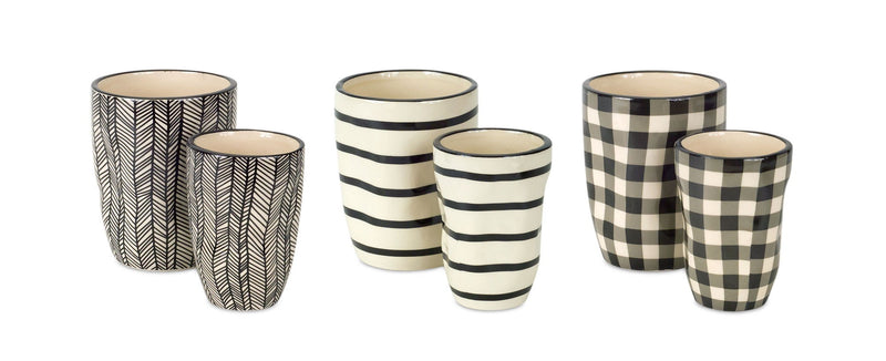 Geometric Round Pot Planters (Set of 6) - Black / Ivory