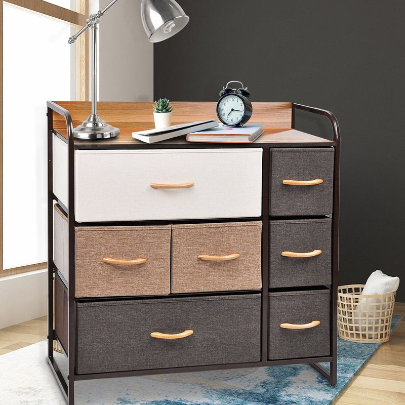 Fabric And Steel Accent Chest With Two Shelves And Seven Drawers - Brown