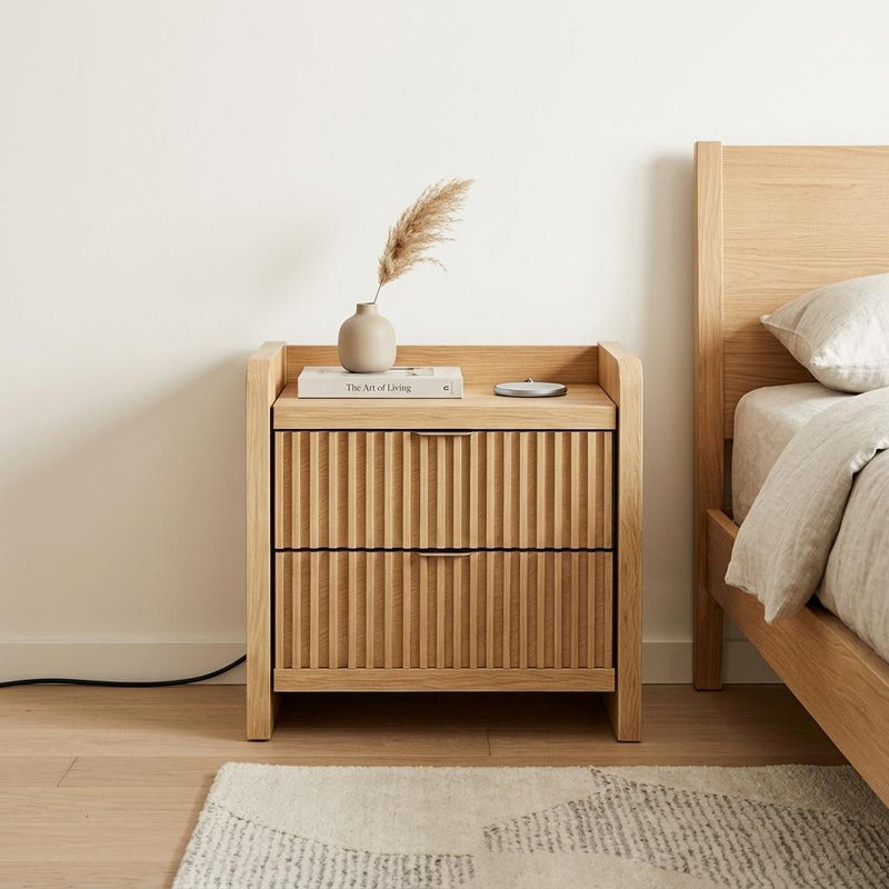 Wood Ribbed Texture Two Drawer Nightstand With USB Port And Integrated Tech - Natural